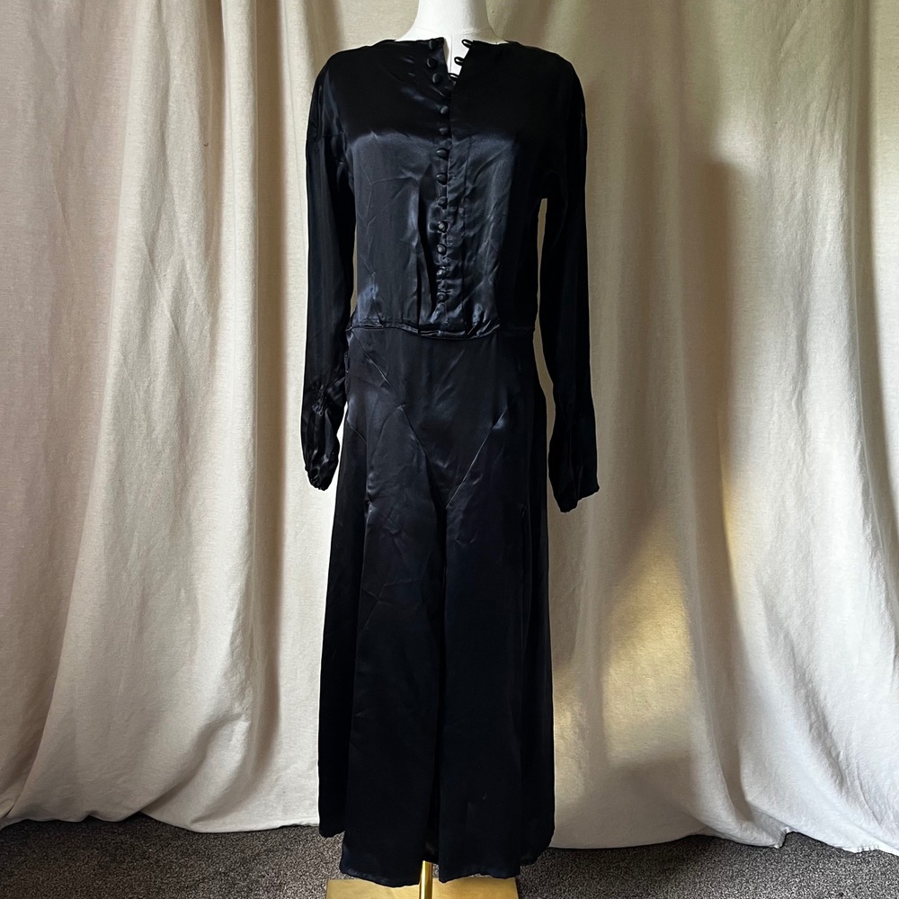 Antique 1910s Black Silk Satin Dress Edwardian Puff Sleeve Button Front Gown S/M - Picture 9 of 9